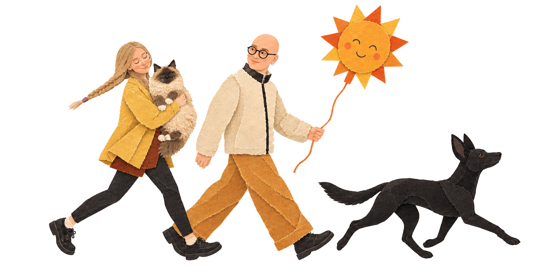 Paper-cut portraits of Liza, Anri, Ruslan and Ushi walking together