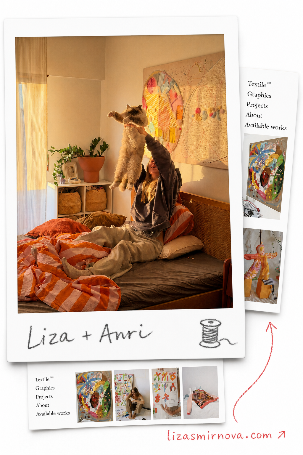 Liza with Anri and details from Liza’s textile art portfolio
